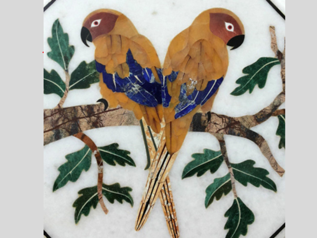 White Marble Parrot Art Multi Color Floral Coffee Table Top
